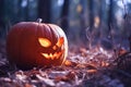 Halloween pumpkin with glowing eyes is in a mystic forest at the night close-up with bokeh background. Jack O Lantern. Generative Royalty Free Stock Photo