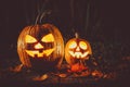 Halloween pumpkin with glowing face on a wooden background in a spooky forest night Royalty Free Stock Photo