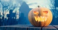 Halloween pumpkin glowing on gothic graveyard Royalty Free Stock Photo