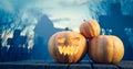 Halloween pumpkin glowing on gothic graveyard Royalty Free Stock Photo