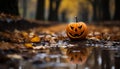 Halloween pumpkin glowing, spooky forest, nature evil celebration generated by AI