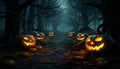 Halloween pumpkin glows, spooky night, evil forest, terrified faces generated by AI