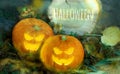Halloween pumpkin on the ground at night in a mystical forest. Halloween background. Sinister eyes of pumpkins. Halloween party. Royalty Free Stock Photo