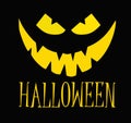 Halloween pumpkin with happy face on dark background with text. Vector cartoon Illustration.