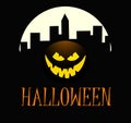 Halloween pumpkin with happy face on dark background with town. Vector cartoon Illustration. Royalty Free Stock Photo