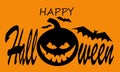 Halloween pumpkin with happy face on orange background with text. Vector cartoon Illustration.