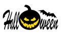Halloween pumpkin with happy face on dark background with text. Vector cartoon Illustration.