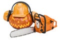 Halloween pumpkin with hardhat, ear defenders and chainsaw, 3D r