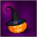 Halloween pumpkin in hat vector illustration, Jack O Lantern on gradient mesh background. Scary orange picture with eyes and candl
