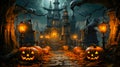 Halloween Pumpkin Haunted Mansion House Spooky Ghost Trick Or Treat Jack O Lanter AI Generated