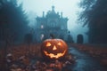 Halloween pumpkin and haunted old house, foggy autumn backyard Royalty Free Stock Photo