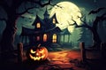 Halloween pumpkin and haunted old house at night Royalty Free Stock Photo