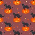 Halloween pumpkin head with black cat seamless pattern Royalty Free Stock Photo