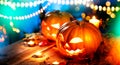 Halloween pumpkin head jack lantern with burning candles Royalty Free Stock Photo