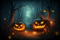 Halloween pumpkin head jack lantern with burning candles in scary night forest. Generative Ai Royalty Free Stock Photo