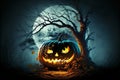 Halloween pumpkin head jack lantern with burning candles in scary night forest. Generative Ai Royalty Free Stock Photo