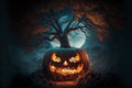 Halloween pumpkin head jack lantern with burning candles in scary night forest. Generative Ai Royalty Free Stock Photo