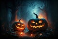 Halloween pumpkin head jack lantern with burning candles in scary night forest. Generative Ai Royalty Free Stock Photo