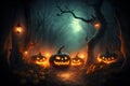 Halloween pumpkin head jack lantern with burning candles in scary night forest. Generative Ai Royalty Free Stock Photo