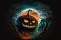 Halloween pumpkin head jack lantern with burning candles in scary night forest. Generative Ai Royalty Free Stock Photo