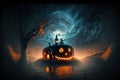 Halloween pumpkin head jack lantern with burning candles in scary night forest. Generative Ai Royalty Free Stock Photo