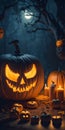 Halloween pumpkin head jack lantern with burning candles, Spooky Forest with a full moon and wooden table Royalty Free Stock Photo