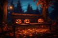 Halloween pumpkin head jack lantern with burning candles, Spooky Forest with a full moon and wooden table, Pumpkins In Graveyard