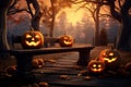 Halloween pumpkin head jack lantern with burning candles, Spooky Forest with a full moon and wooden table, Pumpkins In Graveyard