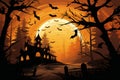 Halloween pumpkin head jack lantern with burning candles, Spooky Forest with a full moon and wooden table, Pumpkins In Graveyard