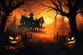 Halloween pumpkin head jack lantern with burning candles, Spooky Forest with a full moon and wooden table, Pumpkins In Graveyard Royalty Free Stock Photo