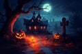 Halloween pumpkin head jack lantern with burning candles, Spooky Forest with a full moon and wooden table, Pumpkins In Graveyard Royalty Free Stock Photo