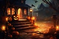 Halloween pumpkin head jack lantern with burning candles, Spooky Forest with a full moon and wooden table, Pumpkins In Graveyard