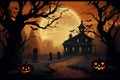 Halloween pumpkin head jack lantern with burning candles, Spooky Forest with a full moon and wooden table, Pumpkins In Graveyard