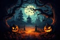 Halloween pumpkin head jack lantern with burning candles, Spooky Forest with a full moon and wooden table, Pumpkins In Graveyard Royalty Free Stock Photo