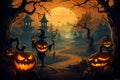 Halloween pumpkin head jack lantern with burning candles, Spooky Forest with a full moon and wooden table, Pumpkins In Graveyard