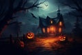 Halloween pumpkin head jack lantern with burning candles, Spooky Forest with a full moon and wooden table, Pumpkins In Graveyard Royalty Free Stock Photo