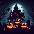 Halloween pumpkin head jack lantern with burning candles, Spooky Forest with a full moon and wooden table, Pumpkins In Graveyard Royalty Free Stock Photo