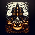 Halloween pumpkin head jack lantern with burning candles, Spooky Forest with a full moon and wooden table, Pumpkins In Graveyard