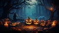 Halloween pumpkin head jack lantern with burning candles, Spooky Forest with a full moon Royalty Free Stock Photo