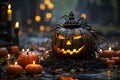 Halloween pumpkin head jack o lantern with burning candles in dark forest Royalty Free Stock Photo