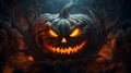 Halloween pumpkin head jack lantern in spooky dark forest at night Royalty Free Stock Photo