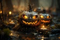 Halloween pumpkin head jack o lantern with burning candles in dark forest Royalty Free Stock Photo