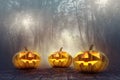 Halloween pumpkin head in spooky woods background
