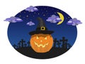 Halloween pumpkin head wearing a black witch hat and grave silhouette with the cross on night sky background with crescent moon cl Royalty Free Stock Photo