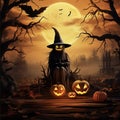 Halloween Pumpkin Head Witch In A Spooky Forest At Night Royalty Free Stock Photo