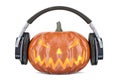 Halloween pumpkin with headphones, 3D Royalty Free Stock Photo