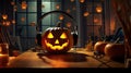 a halloween pumpkin with headphones on a table Royalty Free Stock Photo