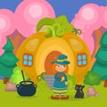Halloween pumpkin house with witch and cat, vector illustration. Scary holiday cartoon character near magic house, girl Royalty Free Stock Photo