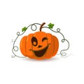 Halloween pumpkin icon 3D. Autumn symbol. Cartoon horror design. Halloween scary pumpkin face, smile, leaf. Orange