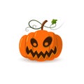 Halloween pumpkin icon 3D. Autumn symbol. Cartoon horror design. Halloween scary pumpkin face, smile, leaf. Orange